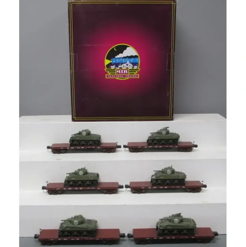 Trains*MTH 20-90551 Union Pacific 41' Wood Flat Cars w/ Sherman Tank Load (Set of 6) - Model Train Junction: Quality Parts and Art Supplies